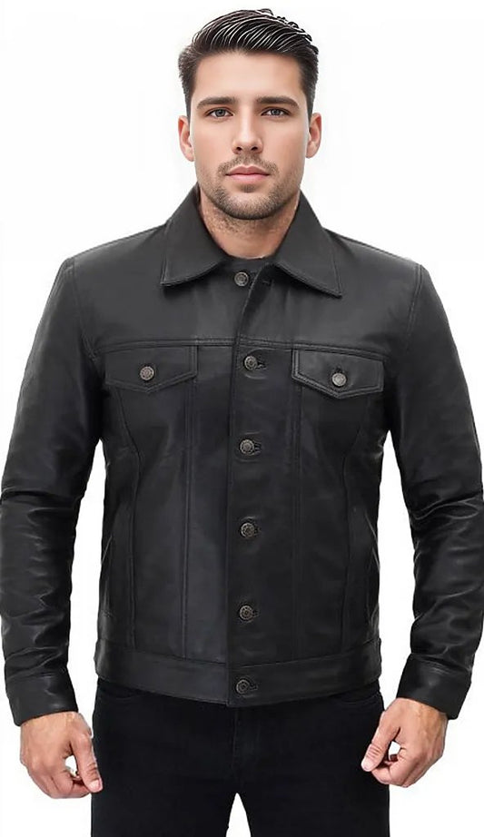 Fernando Men's Button Up Leather Shirt Black-0