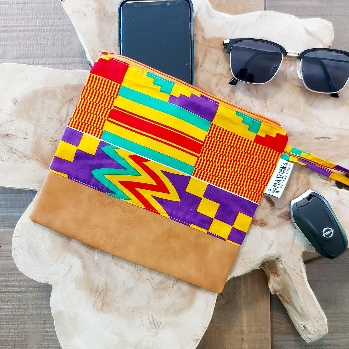 African Print Zipper Pouch | Make-up Bag | Pencil Case | Vegan Leather Detail-4