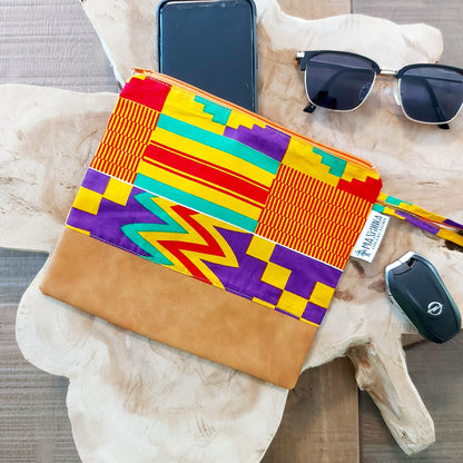 African Print Zipper Pouch | Make-up Bag | Pencil Case | Vegan Leather Detail-4