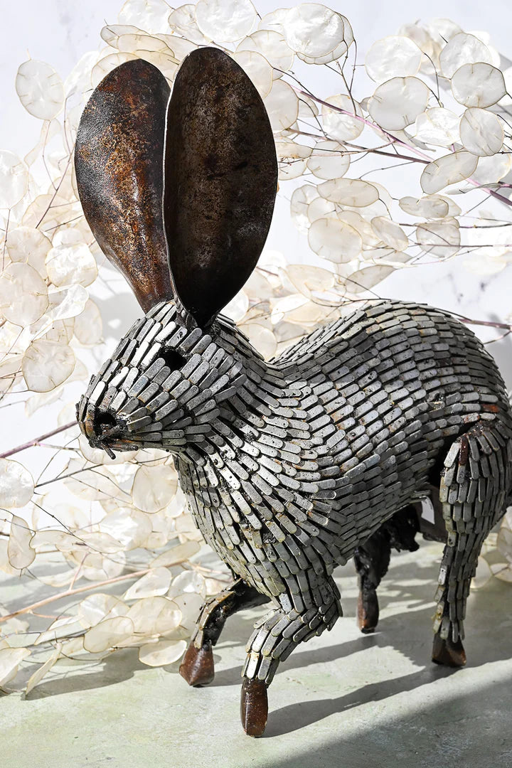 3 Recycled Metal Running Rabbit Sculpture from Zimbabwe