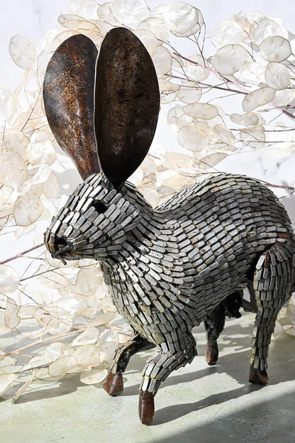3 Recycled Metal Running Rabbit Sculpture from Zimbabwe