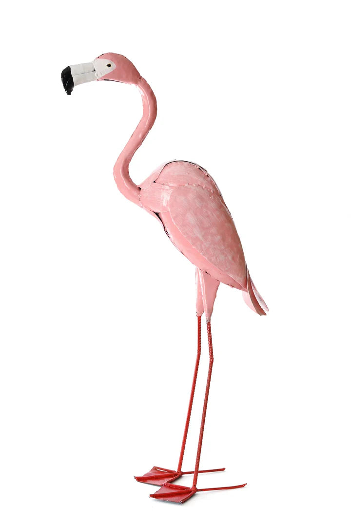 2 Small Pink Recycled Metal Flamingo Sculpture