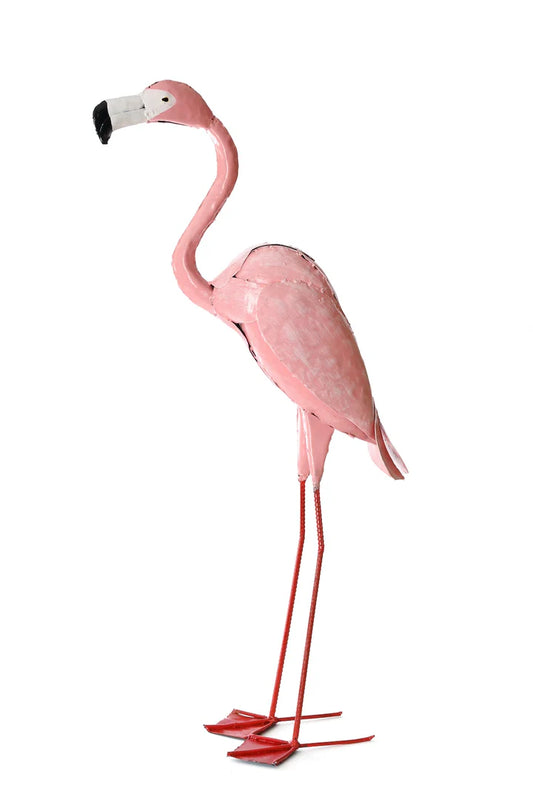 2 Small Pink Recycled Metal Flamingo Sculpture