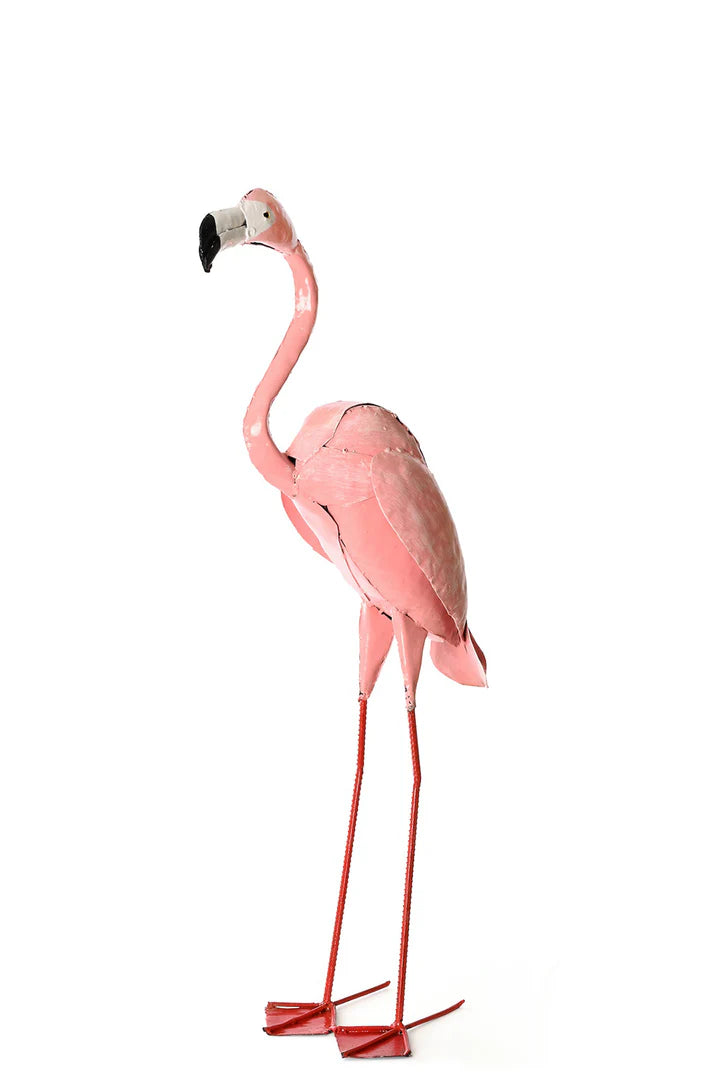 2 Small Pink Recycled Metal Flamingo Sculpture