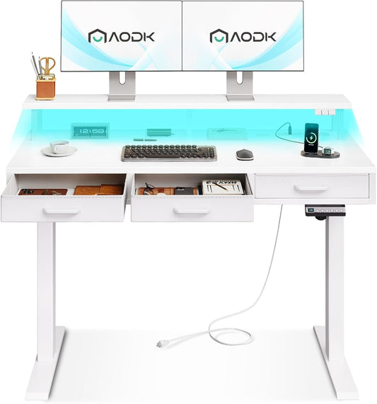 Electric Standing Desk with Drawers, 47 Inch Height Adjustable Small Desk with Power Outlets & LED Lights, Sit Stand Table with Monitor Stand for Home, Office, Workstation, White-0