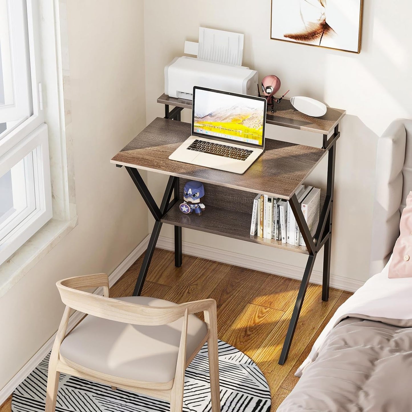 Small Desk, 27.5 Inch Small Computer Desk for Small Spaces, Compact Desk with Storage, Tiny Desk Study Desk with Monitor Stand for Home Office, Grey-1