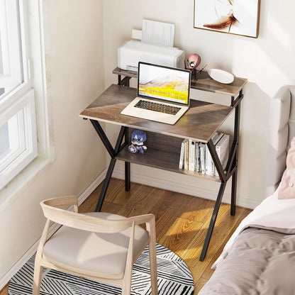 Small Desk, 27.5 Inch Small Computer Desk for Small Spaces, Compact Desk with Storage, Tiny Desk Study Desk with Monitor Stand for Home Office, Grey-1