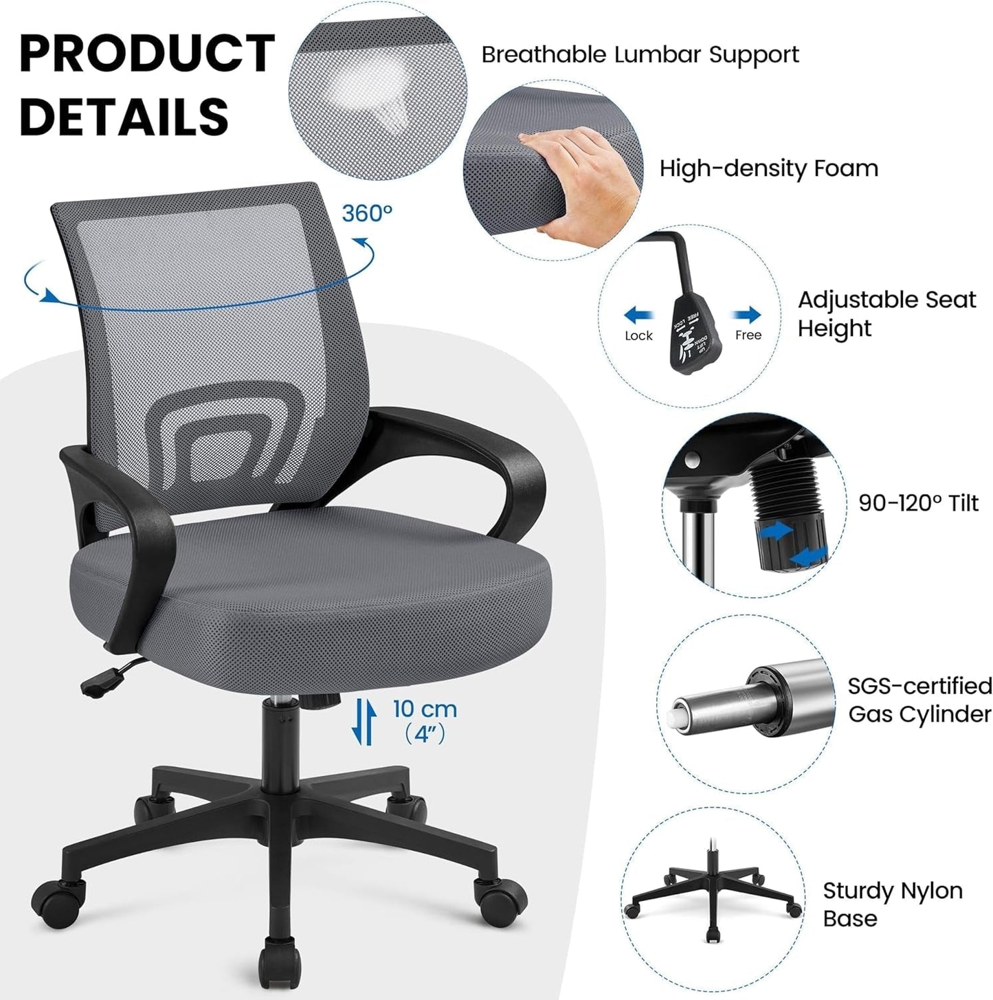 2 Pack Ergonomic Office Chair with 360° Rolling Casters, Mesh Mid-Back Computer Chair for Recreation Dark Gray-3