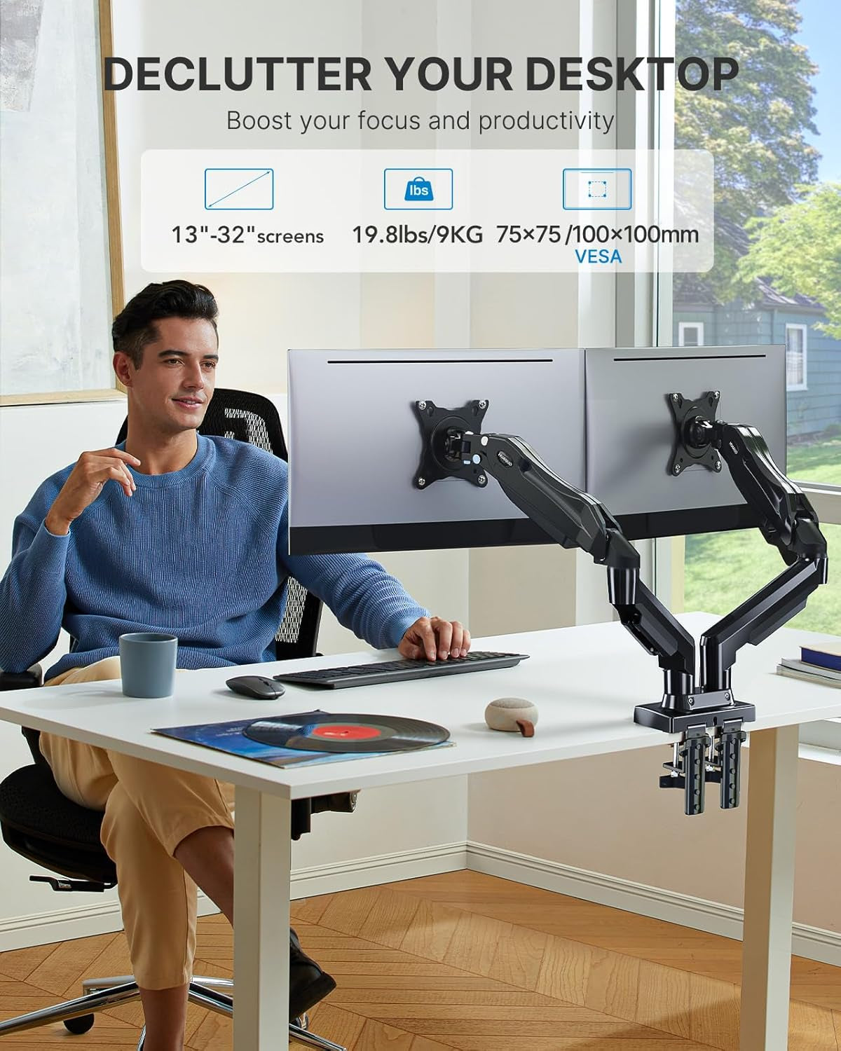 Dual Monitor Stand - Full Adjustable Monitor Desk Mount Swivel Vesa Bracket with C Clamp, Grommet Mounting Base for 13 to 32 Inch Computer Screens - Each Arm Holds 4.4 to 19.8Lbs-1
