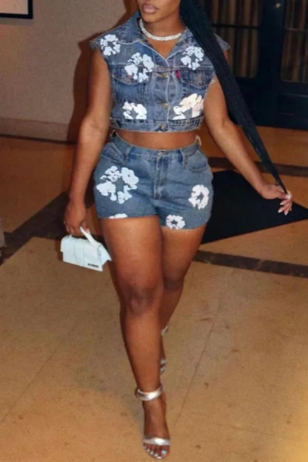 Casual Print Lace Buttons Turndown Collar Sleeveless Two Pieces