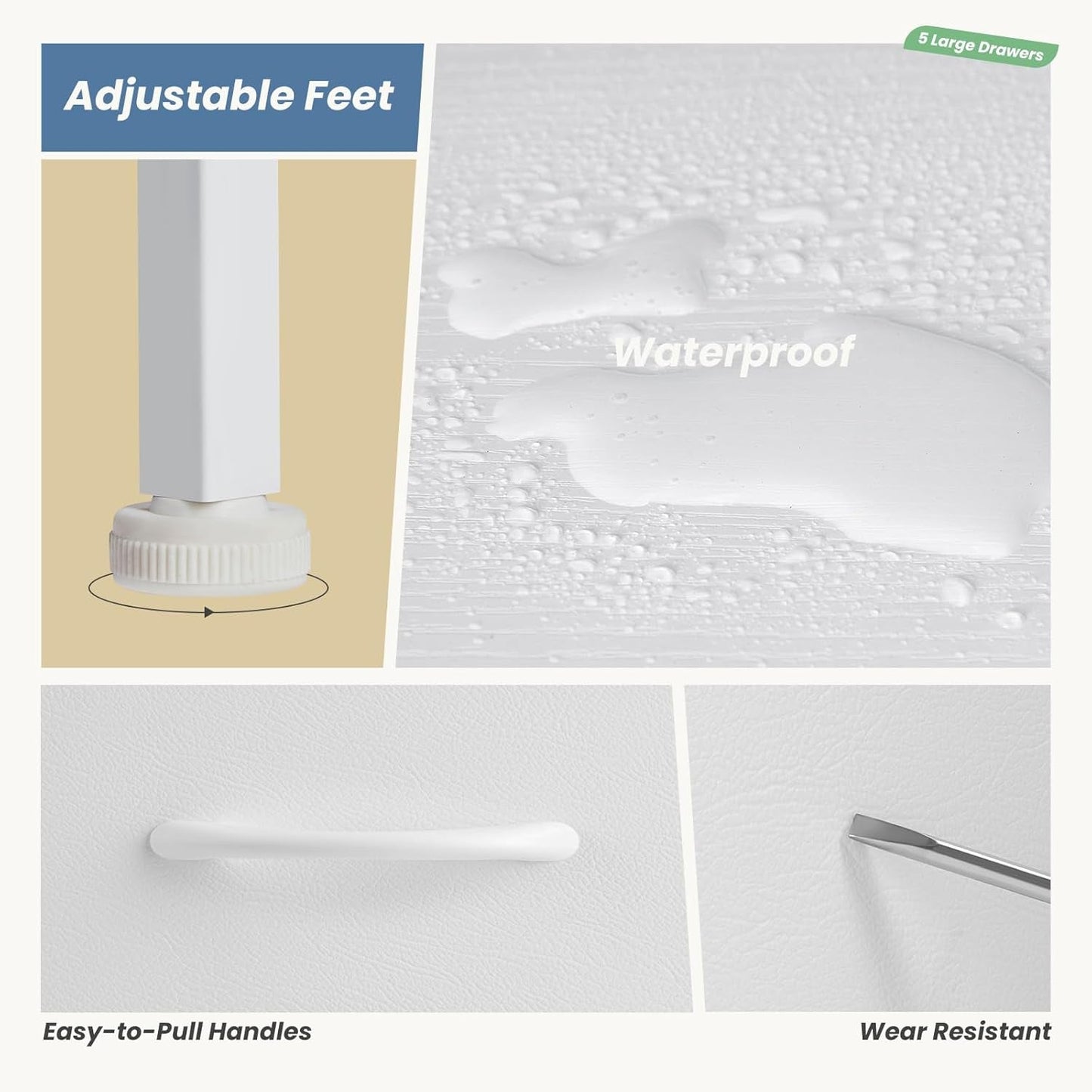 TV Stand Dresser for Bedroom with 5 Fabric Drawer,Entertainment Center for 45 Inch Television, Media Console Table with Storage, Open Shelf, Adjustable Feet, Living Room Furniture, White-3