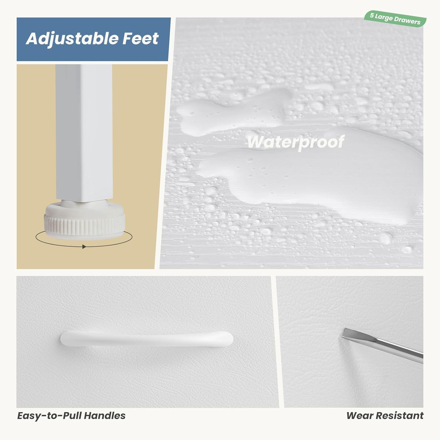 TV Stand Dresser for Bedroom with 5 Fabric Drawer,Entertainment Center for 45 Inch Television, Media Console Table with Storage, Open Shelf, Adjustable Feet, Living Room Furniture, White-3