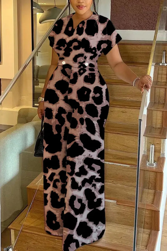 Leopard Print Short Sleeve V Neck Cinch Waist Pocket Vacation Casual Wide Leg Jumpsuits