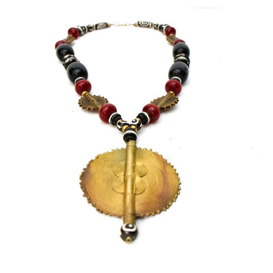 African Black & Maroon Copal Resin Amber & Brass Necklace and Earring Set-1