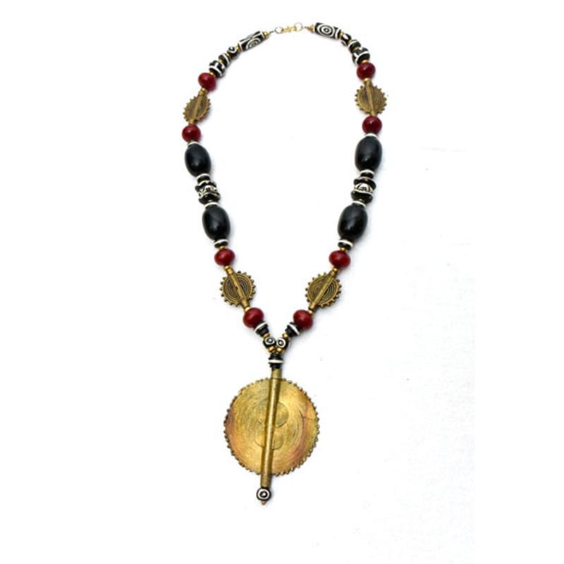 African Black & Maroon Copal Resin Amber & Brass Necklace and Earring Set-0