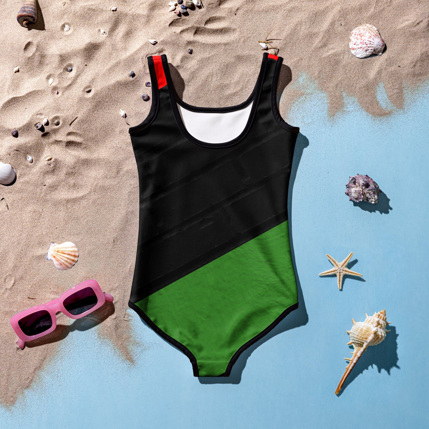 RED, BLACK, & GREEN All-Over Print Kids Swimsuit by SobG Designs