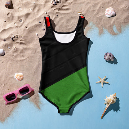 RED, BLACK, & GREEN All-Over Print Kids Swimsuit by SobG Designs