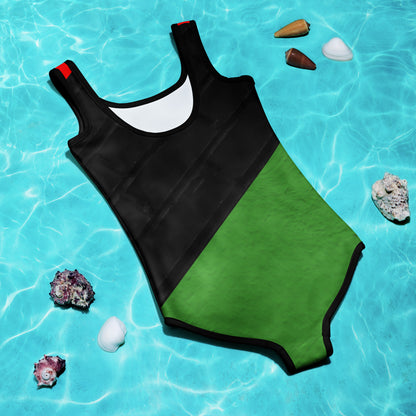 RED, BLACK, & GREEN All-Over Print Kids Swimsuit by SobG Designs