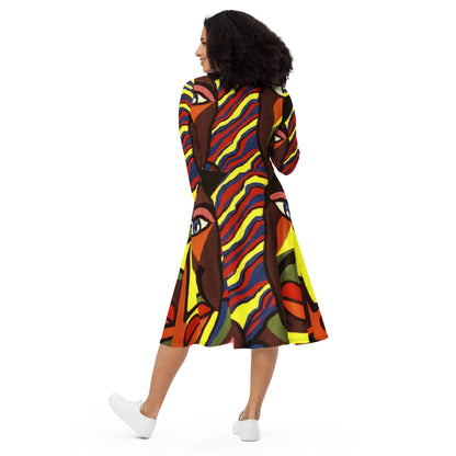 Africana Design All-Over Print Long Sleeve Midi Dress by SobG Designs