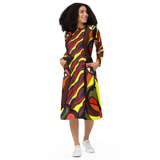 Africana Design All-Over Print Long Sleeve Midi Dress by SobG Designs