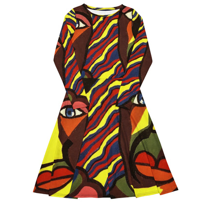 Africana Design All-Over Print Long Sleeve Midi Dress by SobG Designs