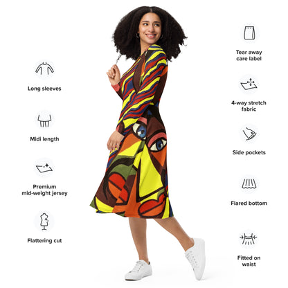 Africana Design All-Over Print Long Sleeve Midi Dress by SobG Designs