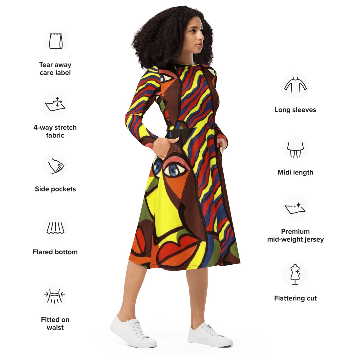Africana Design All-Over Print Long Sleeve Midi Dress by SobG Designs