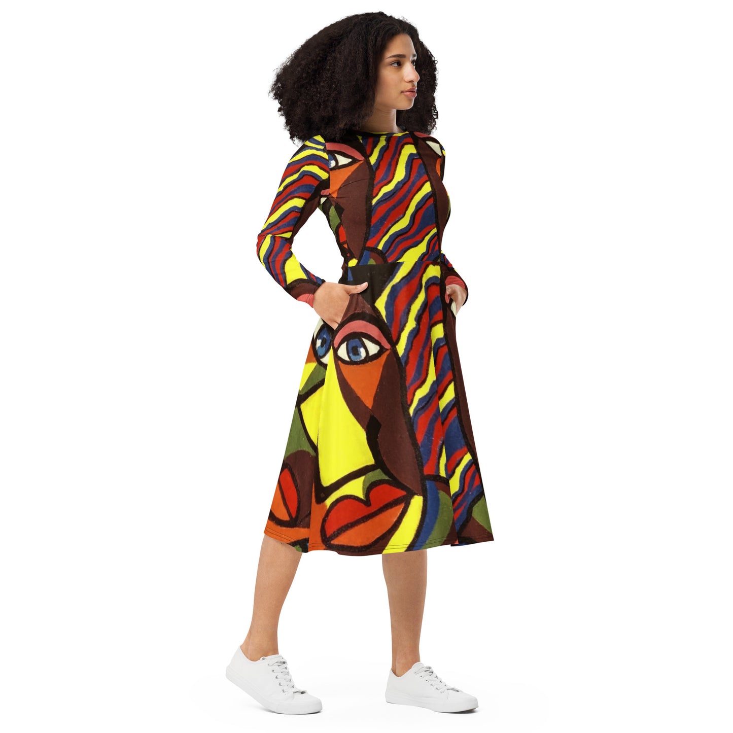 Africana Design All-Over Print Long Sleeve Midi Dress by SobG Designs