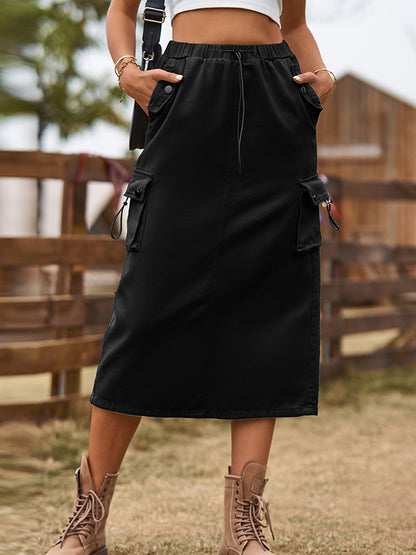 A-Line Buttoned Drawstring Pockets Solid Color Split-Joint Skirts Bottoms