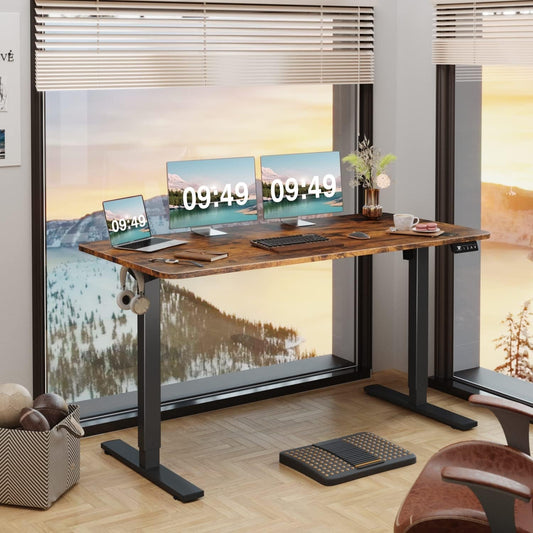 Electric Height Adjustable Standing Desk Large 55 X 24 Inches Sit Stand up Desk Home Office Computer Desk Memory Preset with T-Shaped Metal Bracke, Brown-1