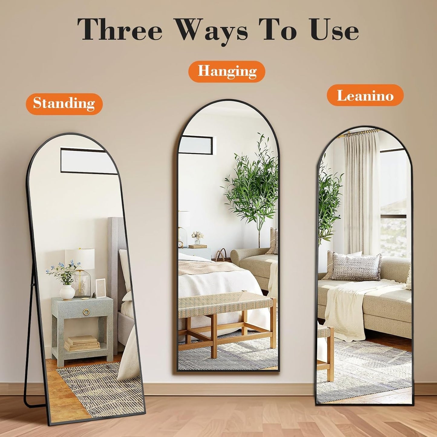 Arched Full Length Mirror with Stand 64"X21" Floor Standing Aluminum Frame for Bedroom Body Hanging Leaning Modern Simple Home Decor Shatter-Proorf Nano Glass Wall Living Room Cloakroom Black-1