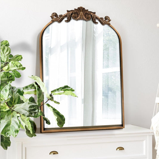 Antique Mirror,Gold Traditional Vintage Ornate Baroque Arched Brass Wall Mounted Mirrors for Entryway/Fireplace/Living Room/Hallway/Bathroom 19"X27"-1