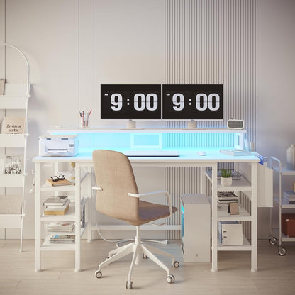 White Desk with Storage Shelves - 47 Inch Home Office Gaming Desk with Monitor Stand, Computer Desk with LED Lights and Power Outlets, White-3