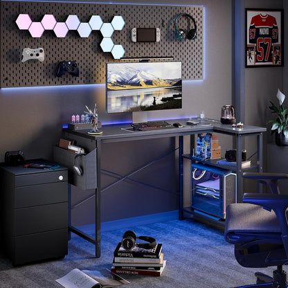 L Shaped Computer Desk with Power Outlets, 47 Inch Small Corner Desk with Reversible Shelves, Gaming Desk Computer Table Study Writing Table for Home Office Bedroom Small Space, Black-4