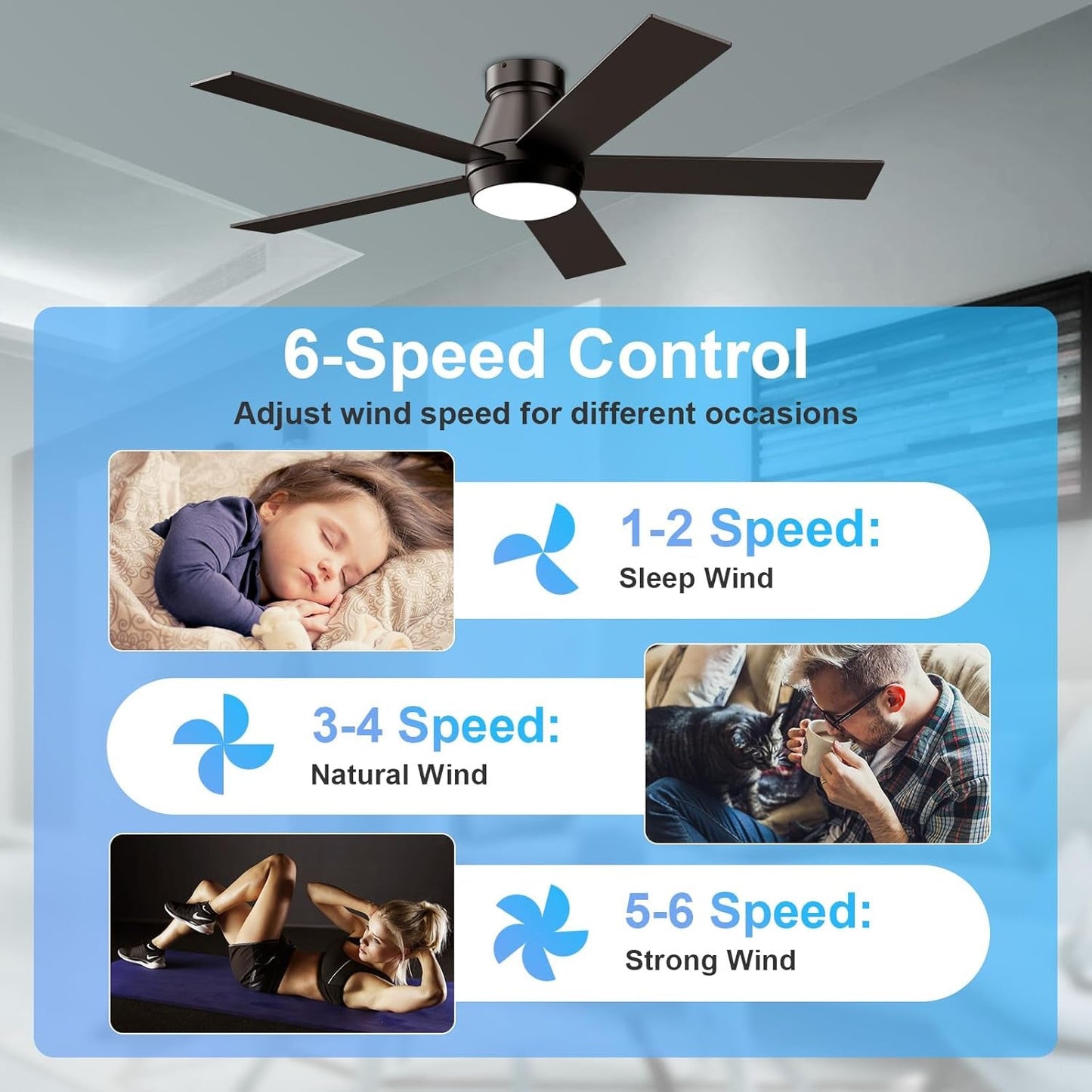 52" Ceiling Fan with Lights, Black Flush Mount Ceiling Fans, 5 Blades Low Profile Ceiling Fans, 6 Speeds DC Reversible, Dimmable, Modern Ceiling Fans for Bedroom, Living Room and Garage-2