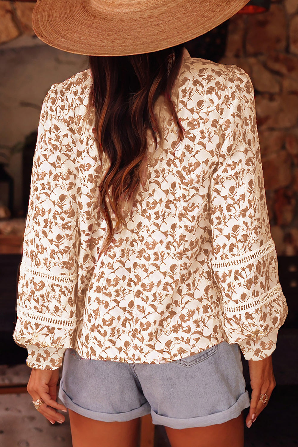 Khaki Printed Lace Detail Floral Puff Sleeve Fall Shirt