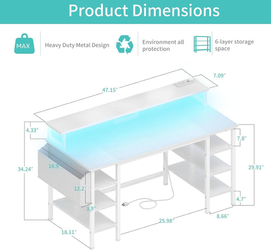 White Desk with Storage Shelves - 47 Inch Home Office Gaming Desk with Monitor Stand, Computer Desk with LED Lights and Power Outlets, White-1