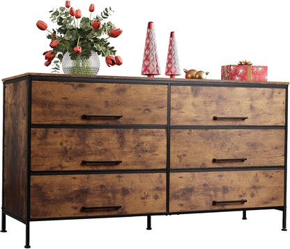 Wide Fabric Dresser, 6 Drawer Dresser TV Stand for 68" TV, Dressers Bedroom Furniture Large Storage Tower Unit with Fabric Bins, White Dresser for Bedroom, Closet, Hallway, Rustic Brown-0