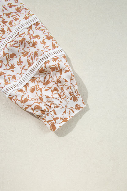 Khaki Printed Lace Detail Floral Puff Sleeve Fall Shirt