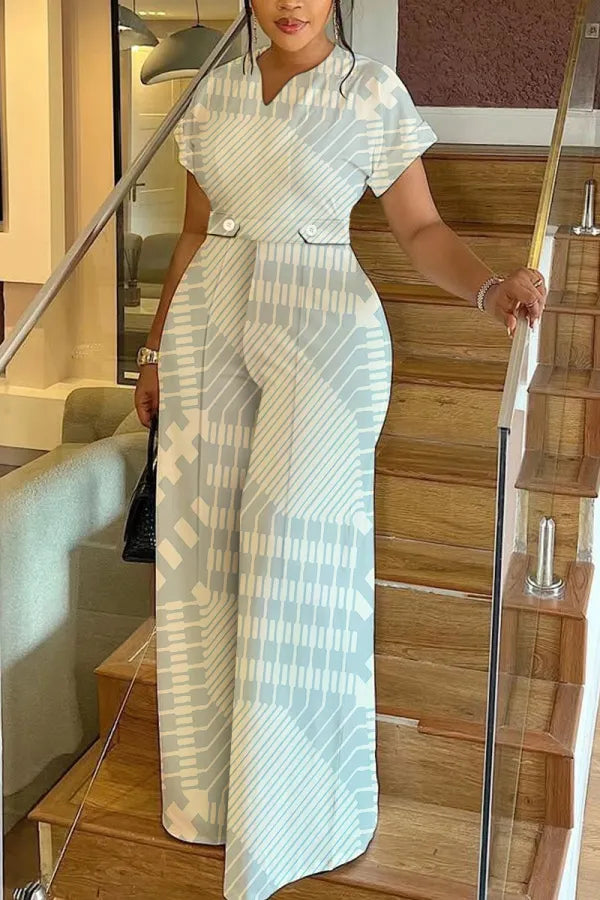 Leopard Print Short Sleeve V Neck Cinch Waist Pocket Vacation Casual Wide Leg Jumpsuits