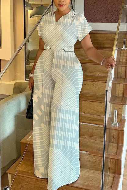 Leopard Print Short Sleeve V Neck Cinch Waist Pocket Vacation Casual Wide Leg Jumpsuits