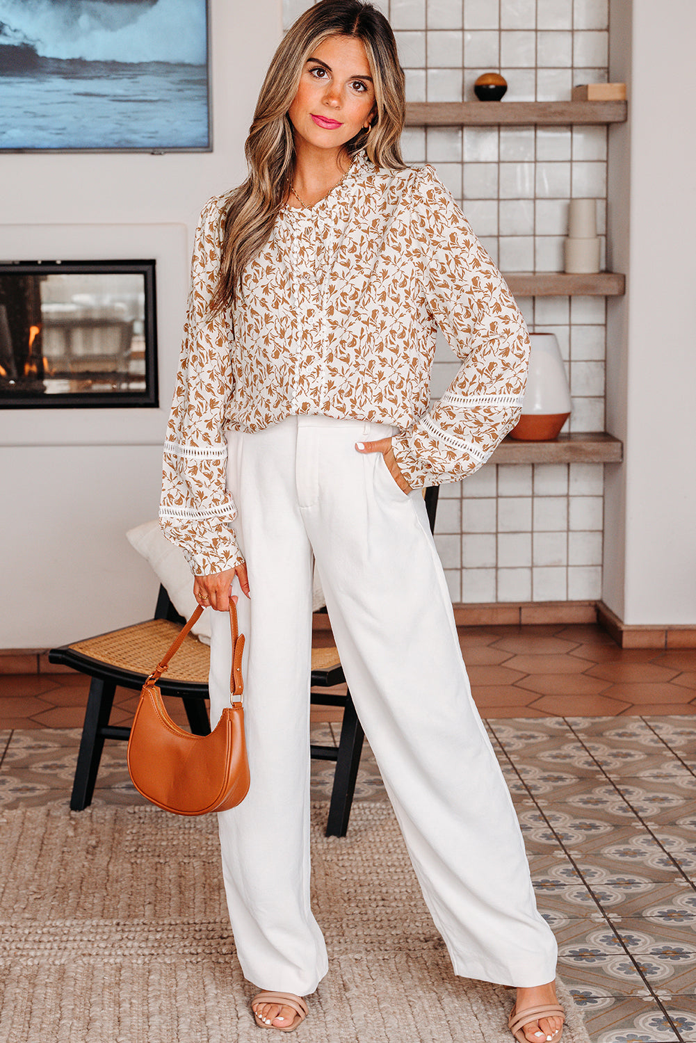 Khaki Printed Lace Detail Floral Puff Sleeve Fall Shirt