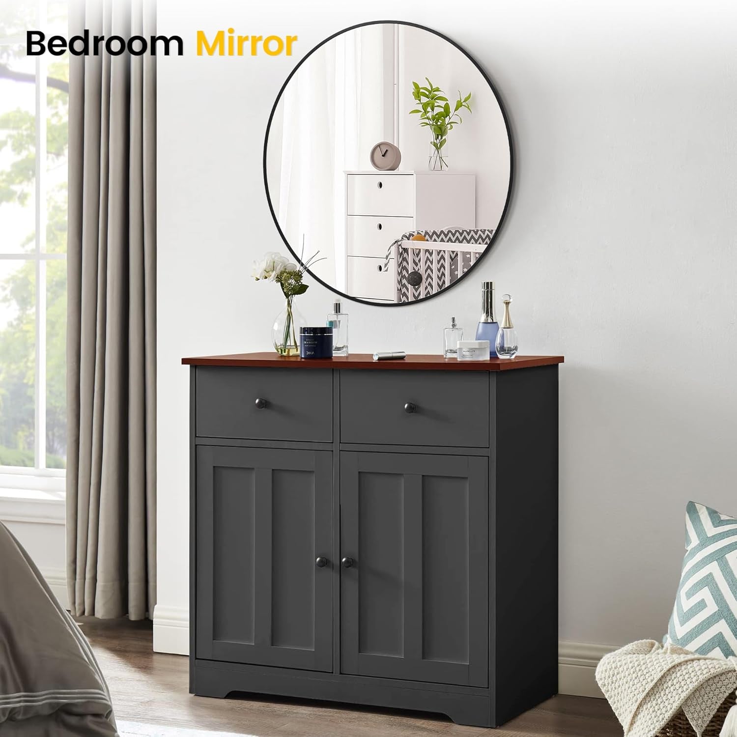 Round Mirror, 32 Inch Black Bathroom Mirror, Circle Mirror with Metal Frame, Large Stylish Wall Mirror, round Mirrors for Bathroom, Entryway, Bedroom, Vanity, Hallway, Living Room-2