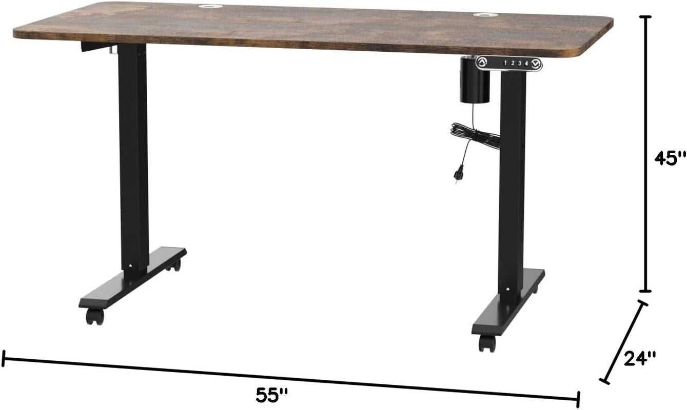 Electric Standing Desk 55 X 24In with Charging Station, Stand up Desk with Oversized Mouse Pad, 2 USB Ports & 3 Power Outlets, 4 Caster, 4 Preset Heights Easy to Set（Brown）-2