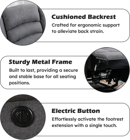 Classic Power Recliner Chair, Oversized Electric Reclining Chair with Overstuffed Cushion and Back, Soft Fabric Adults Single Recliner Sofa for Living Room, Grey-2