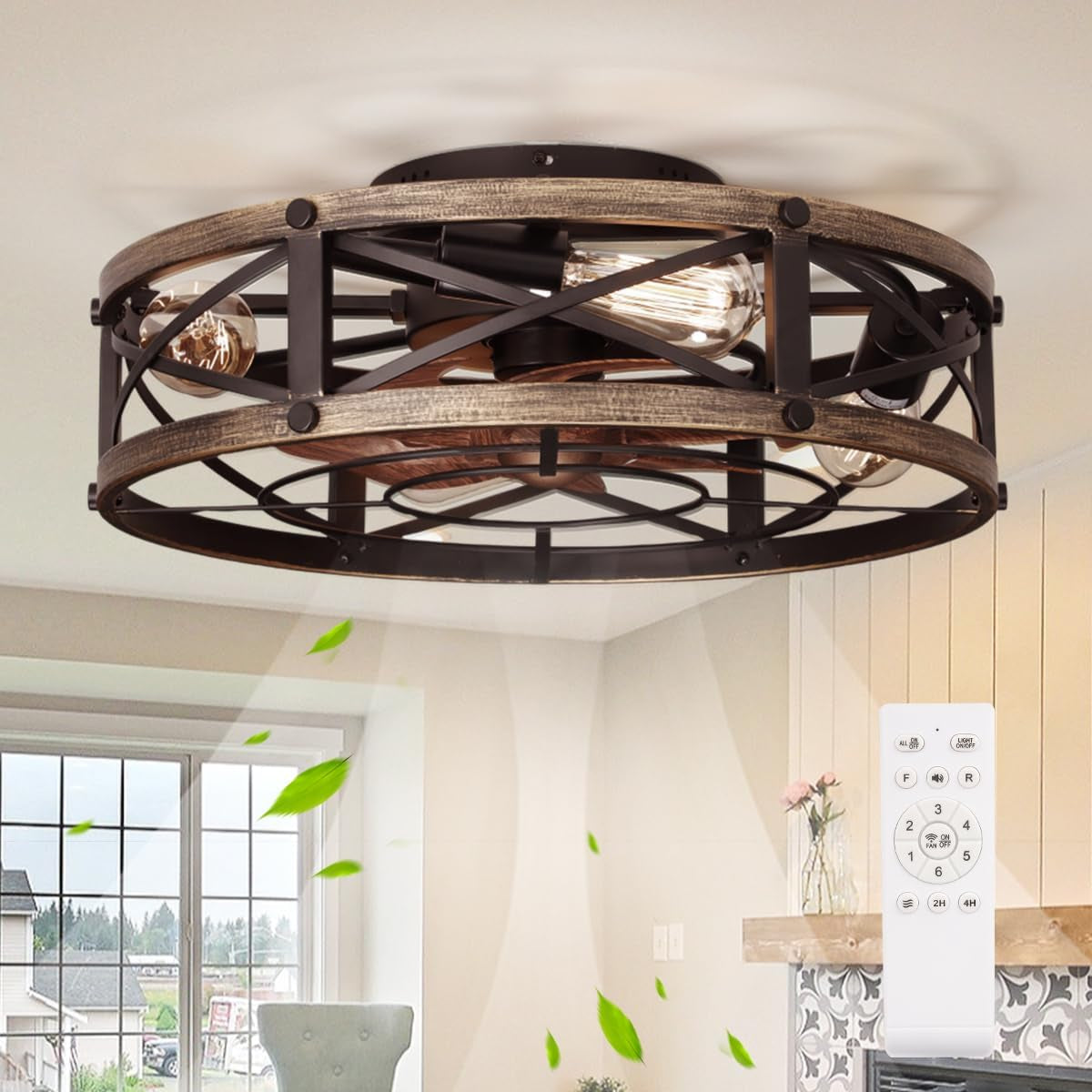 Farmhouse Flush Mount Caged Ceiling Fans with Lights, 6 Speeds, Rustic Low Profile Ceiling Fan with Light and Remote, Small Bladeless Ceiling Fans with Lights for Kitchen, Bedroom-0