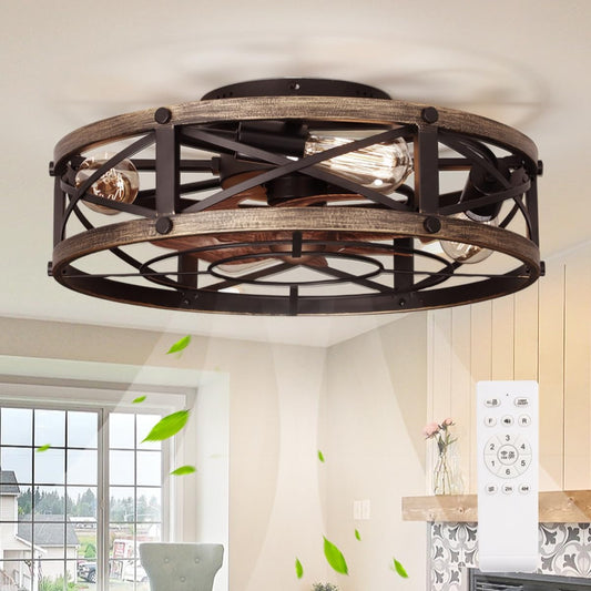 Farmhouse Flush Mount Caged Ceiling Fans with Lights, 6 Speeds, Rustic Low Profile Ceiling Fan with Light and Remote, Small Bladeless Ceiling Fans with Lights for Kitchen, Bedroom-0