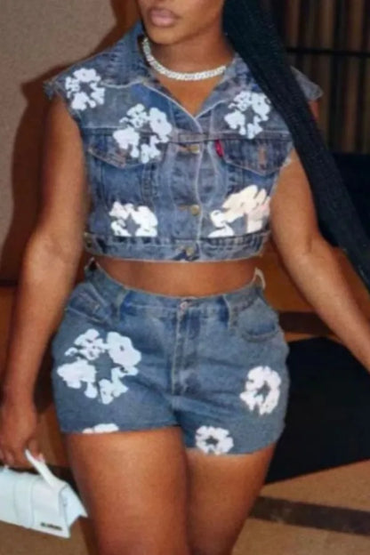 Casual Print Lace Buttons Turndown Collar Sleeveless Two Pieces