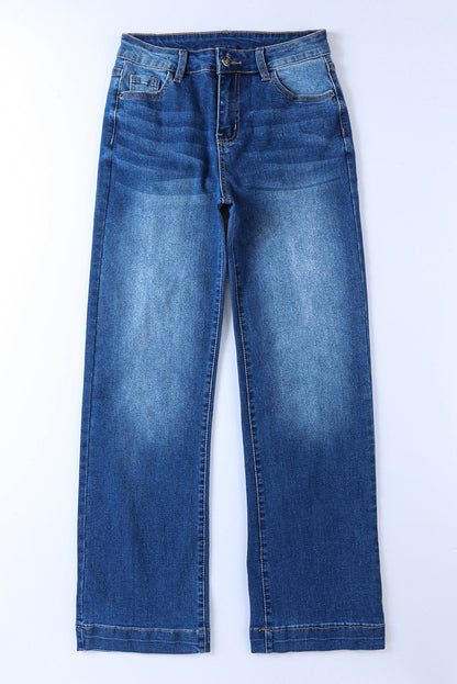 SHEWIN Dark Blue Casual Pocket High Rise Wide Leg Jeans