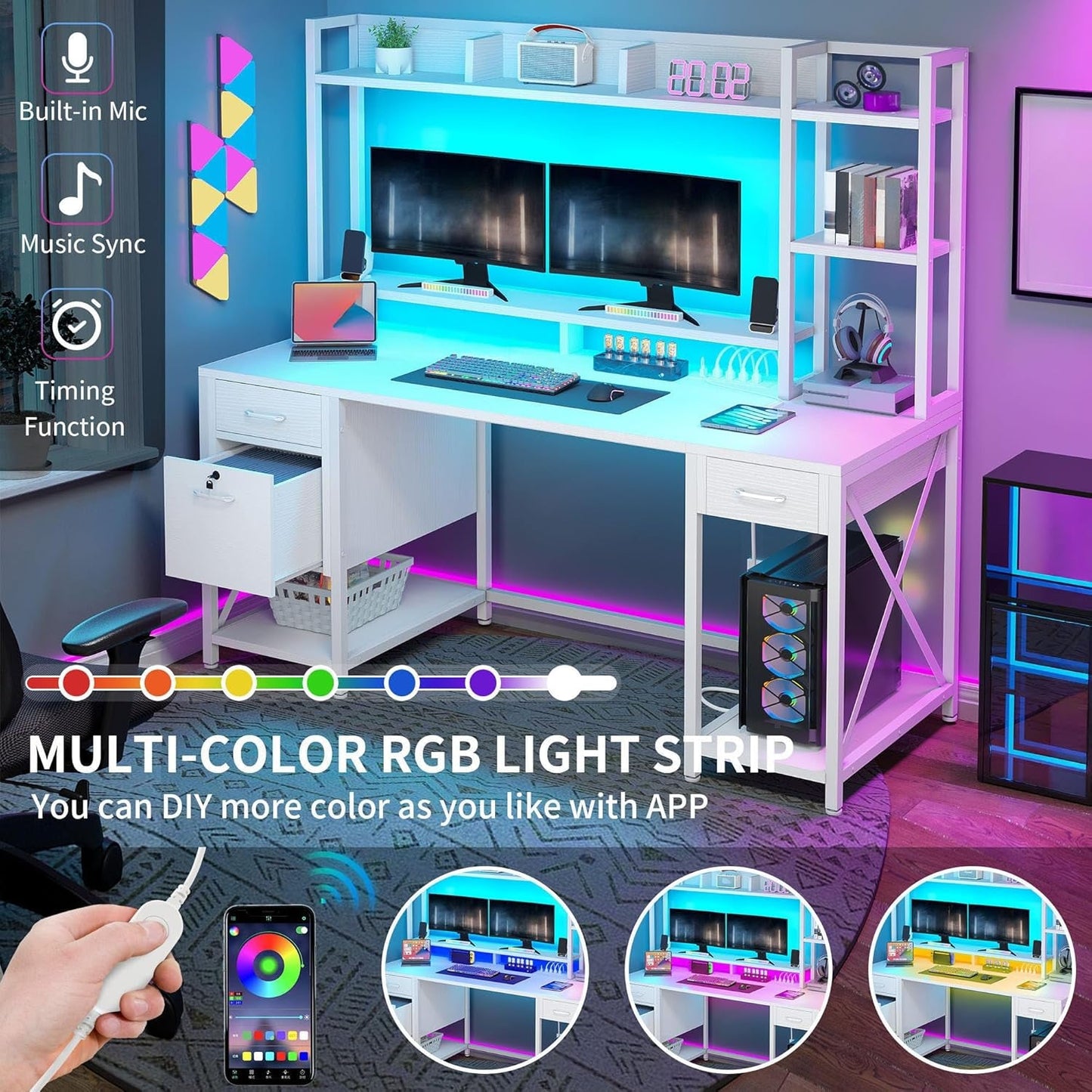 White Office Desk With Drawers LED Lights And Outlets-3